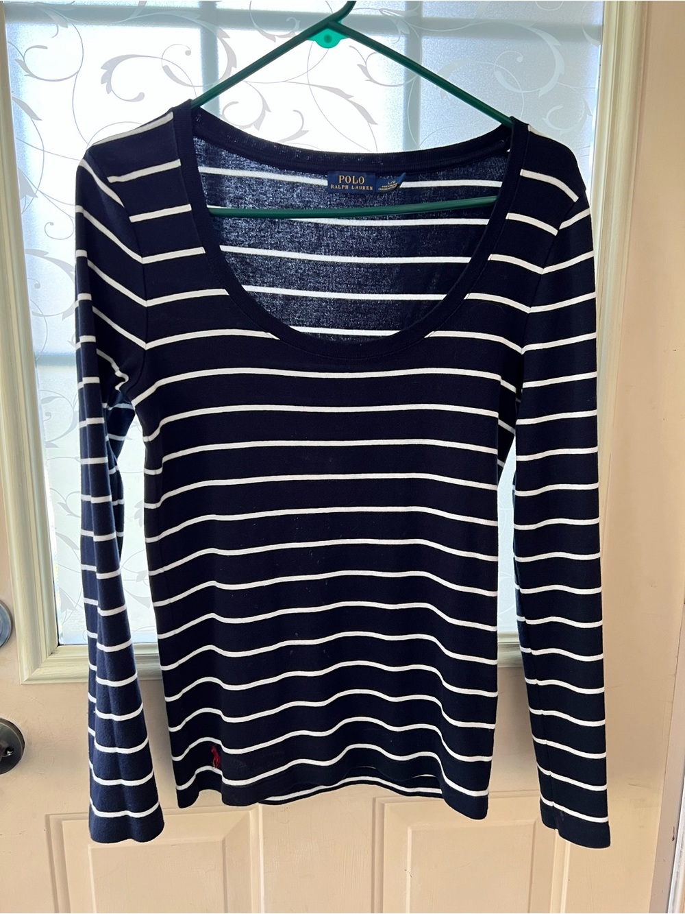 Polo Ralph Lauren navy and white striped scoop neck long sleeve shirt. 💯 cotton